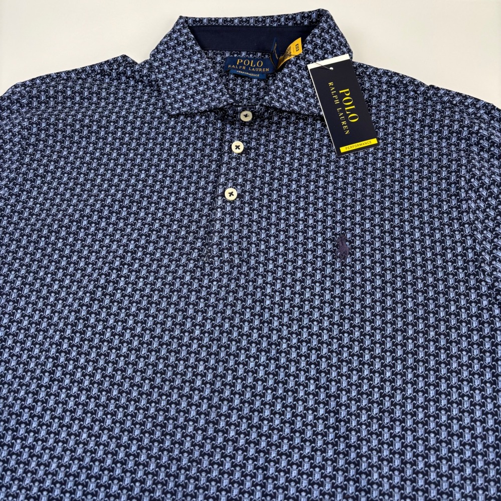 Polo Ralph Lauren Mens Medium Navy Blue Performance Polo NEW Crest Print